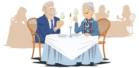 Funny people in restaurant. Elderly man and woman in cafe. Vector. Stock illustration.のイラスト素材