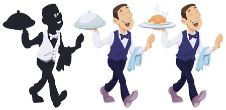 Funny people in restaurant. Waiter with an order. Vector. Stock illustration. のイラスト素材