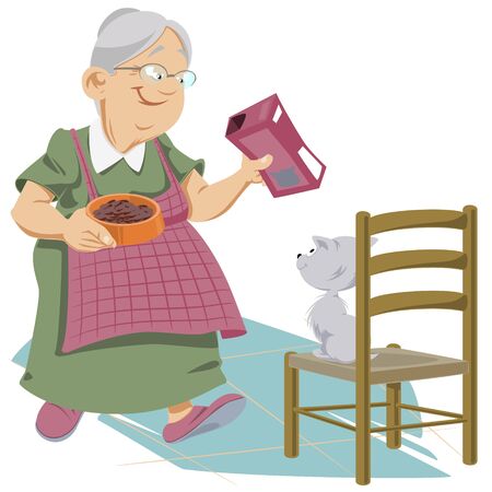 Funny people. Elderly woman feeds kitten.のイラスト素材