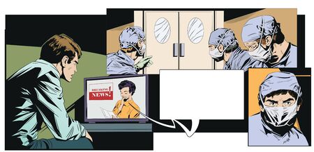 Stock illustration. Young man watching news on tv. Coronavirus. Pandemic. 