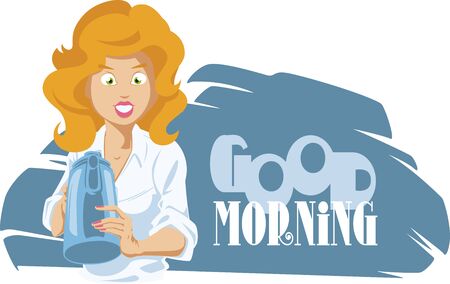 Funny people. Happy beautiful girl with a coffee pot.のイラスト素材