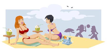 Beautiful girls on beach. Funny people. Stock illustration. のイラスト素材