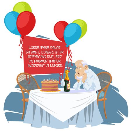 Sad grandpa at fun party. Unhappy senior man at birthday. Funny people. Stock illustration. のイラスト素材