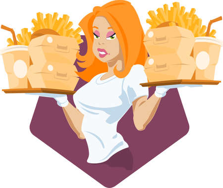 Beautiful girl with tray of fast food. Funny people.のイラスト素材