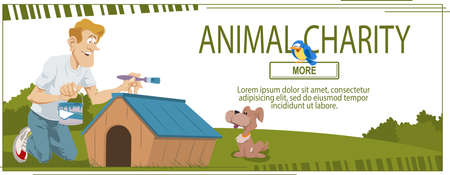 Man paints kennel in animal shelter. Web page template for family vacation. Concept for website.のイラスト素材