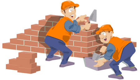 Workers are building house. Builders are doing bricklaying. Funny people.のイラスト素材