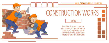 Workers are building house. Builders are doing bricklaying. Funny people.のイラスト素材