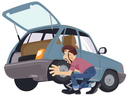Car tire service. Auto mechanic is replacementing rim. Man changing punctured tire a passenger car. Stock illustration.のイラスト素材