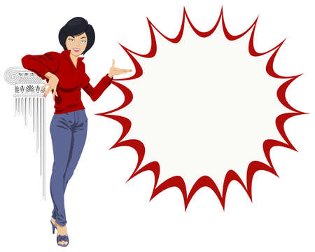 Beautiful girl pointing hand. Cute woman showing product. Funny people. Stock illustration.のイラスト素材