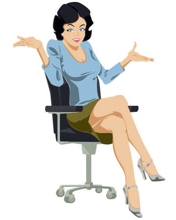 Cute woman in perplexity. Beautiful girl holding her hands out. Female saying that she does not know. Funny people. Stock illustration.のイラスト素材