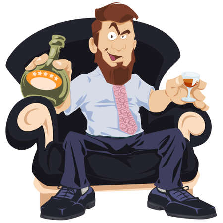 Man is drinking cognac. Guy with bottle alcohol. Bad habit. Funny people.のイラスト素材