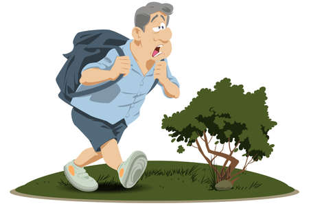 Tired man with heavy backpack. Funny people.のイラスト素材