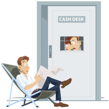 Man is waiting payment of money. Delayed wages. Bankruptcy and debt collection. Funny people. Stock illustration.のイラスト素材