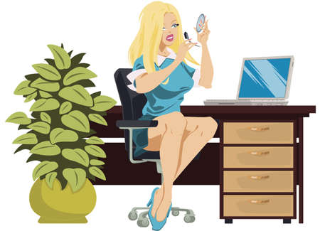 Beautiful female does makeup. Woman applies mascara on eyelashes. Make up in process.のイラスト素材