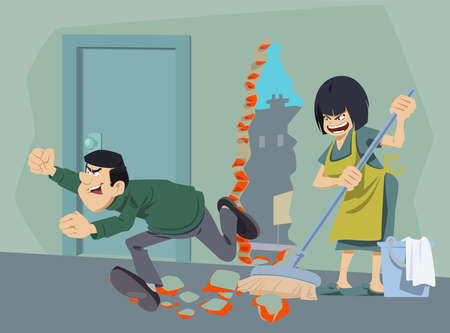 Businessman breaks through a house wall. We can do it. Funny people. Stock illustration.のイラスト素材