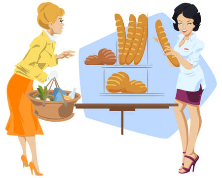 Beautiful saleswoman in bread store. Trade in bakery. Illustration concept for website and mobile website development.のイラスト素材