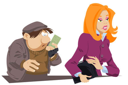 Surprised beggar with bill in his hands. Girl helped poor man. Funny people. Stock illustration.のイラスト素材