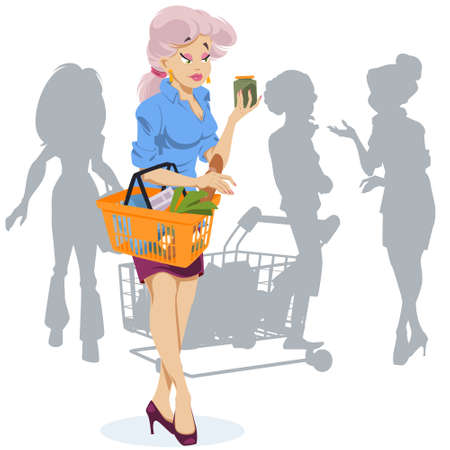 Young woman with shopping basket. Illustration concept for website and mobile website development.のイラスト素材