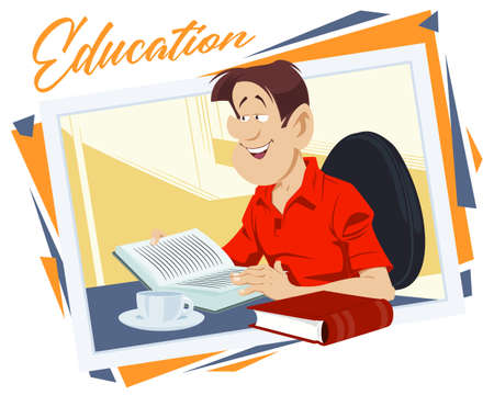 Teenager reads book. Schoolboy studying. Illustration concept for website and mobile development.のイラスト素材