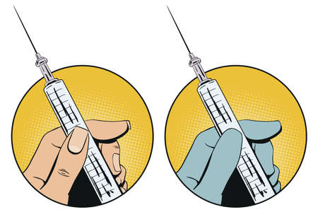 Vector. Stock illustration. Doctor hand press syringe ready to inject.のイラスト素材