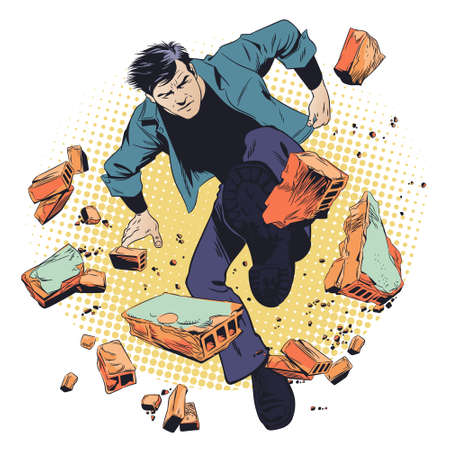 Business breakthrough success. Businessman breaks through wall. Man breaking bricks. Stock...