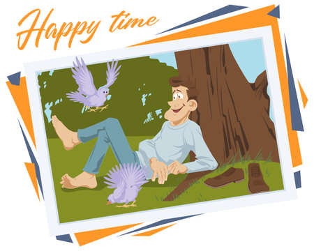Man feeding pigeons. Happy time. Illustration for internet and mobile website.のイラスト素材