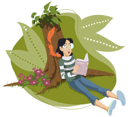 Girl reading book under tree. Illustration for internet and mobile website.のイラスト素材