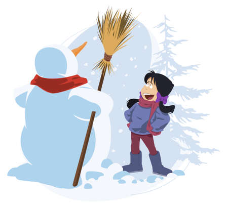 Winter fun. Girl and snowman. Illustration for internet and mobile website. Stock image.のイラスト素材
