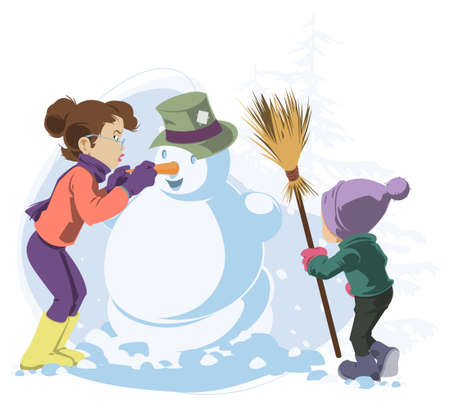 Winter fun. Girl and snowman. Illustration for internet and mobile website. Stock image.のイラスト素材