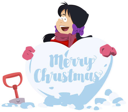 Winter fun. Girl with heart made of snow. Illustration for internet and mobile website. Stock image.のイラスト素材