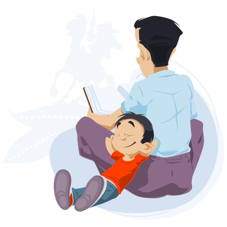 Man reads book to child. Illustration for internet and mobile website. Funny people. Stock illustration.のイラスト素材