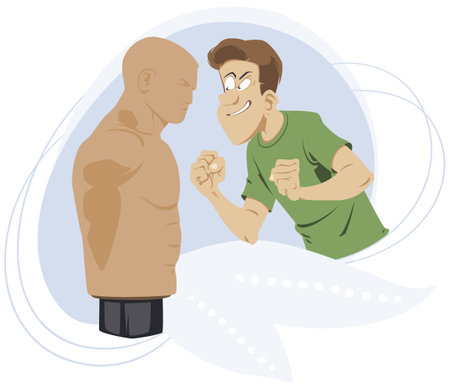 Young guy threatens a boxing maneken. Training with punching bag. Illustration for internet and mobile website. Funny people. Stock illustration.のイラスト素材