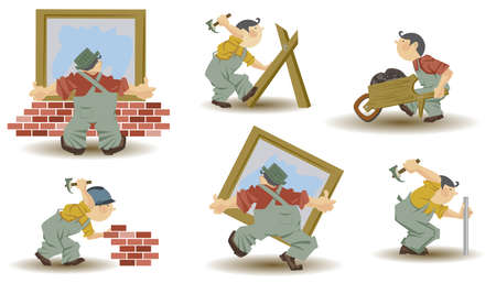Funny little people. Cheerful builders. Illustration for internet and mobile website. Funny people. Stock illustration.のイラスト素材