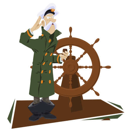 Sea wolf with pipe. Old captain of ship at wheel. Illustration for internet and mobile website. Funny people. Stock illustration.のイラスト素材