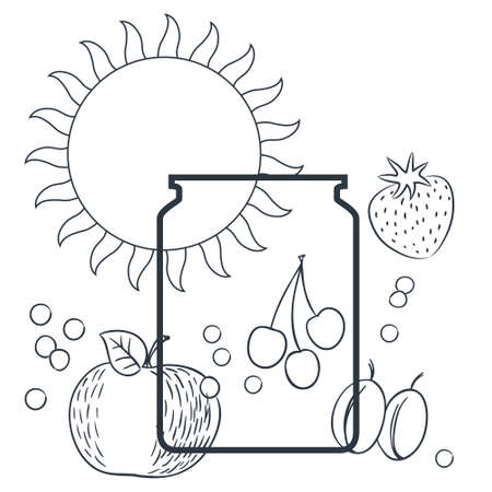 Preparation of berry, vegetables and fruits. Storage of agricultural products. Jar of jam. Illustration concept for mobile website and internet development.のイラスト素材