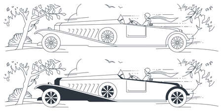 Girl rides in antique car. Illustration concept for mobile website and internet development.のイラスト素材