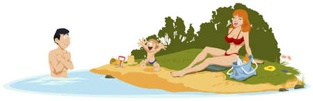 Happy family on beach. Frozen man in cold water. Funny people. Illustration for internet and mobile website.のイラスト素材