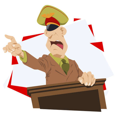 Angry general speaks on podium. Illustration concept for mobile website and internet development.のイラスト素材