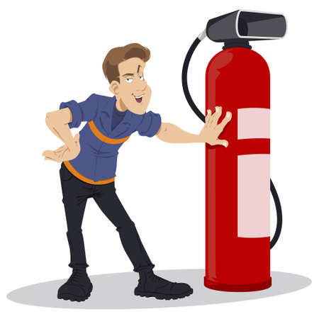 Firefighter with extinguisher. Burning protection, Flame prevention technologies, Compliance with fire safety regulations. Illustration concept for mobile website and internet development.のイラスト素材