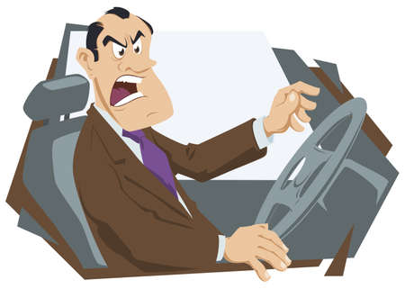 Angry man in auto. Annoyed driver driving car. Illustration concept for mobile website and internet development.のイラスト素材