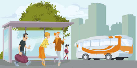 People at bus station. Illustration concept for mobile website and internet development.のイラスト素材