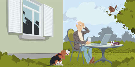 Senior man Work on Laptop. Elderly Male with Computer Sitting at Table near House. Retired People and Social Media Communication. Illustration concept for mobile website and internet development.のイラスト素材
