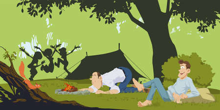 Hikers around campfire. Tourists on vacation. People in nature. Humans outdoor. Illustration concept for mobile website and internet development.のイラスト素材