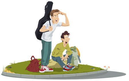 Young Hitchhikers with backpack. Illustration concept for mobile website and internet development.のイラスト素材