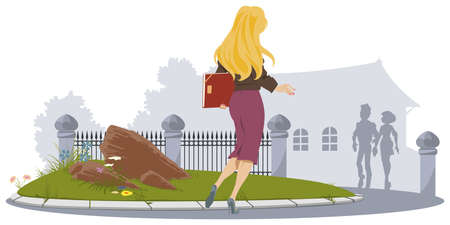 Woman walks on city park. Female hurries to work. Businesswoman in urban. Illustration concept for mobile website and internet development.のイラスト素材