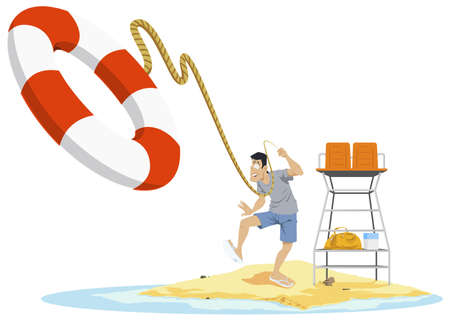 Lifeguard on beach. Man throws lifebuoy. Illustration concept for mobile website and internet development.のイラスト素材