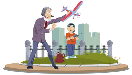 Man and child plays with toy plane. Illustration concept for mobile website and internet development.のイラスト素材