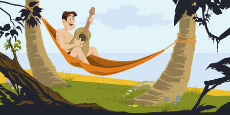 Man in hammock plays guitar. Illustration concept for mobile website and internet development.のイラスト素材