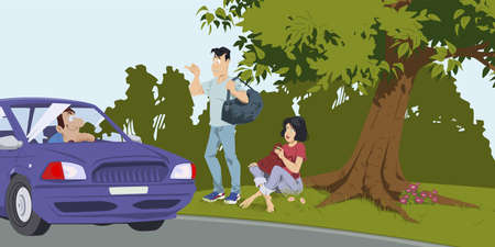 Young Hitchhikers with backpack. Illustration concept for mobile website and internet development.のイラスト素材