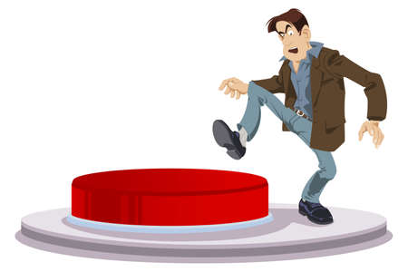 Man presses red start button. Young guy facing a dilemma. Startup key. Illustration concept for mobile website and internet development.のイラスト素材